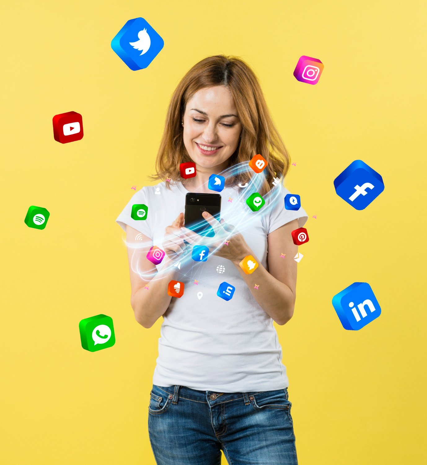 Young woman holding smartphone concept for social media marketing services and digital advertising strategy