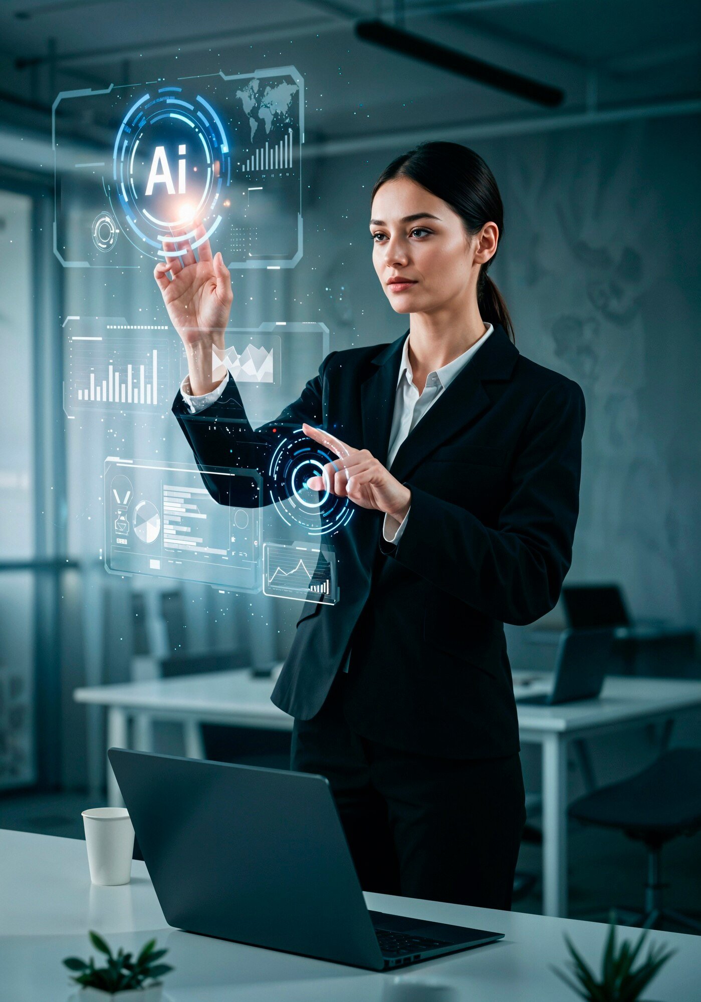 Businesswoman interacting with AI hologram in modern office representing AI marketing services and business innovation