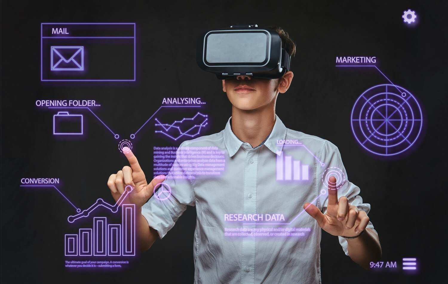 Teenager wearing virtual reality glasses interacting with digital charts and data, representing AI marketing services in Lahore, marketing automation, data analytics, and futuristic digital strategy