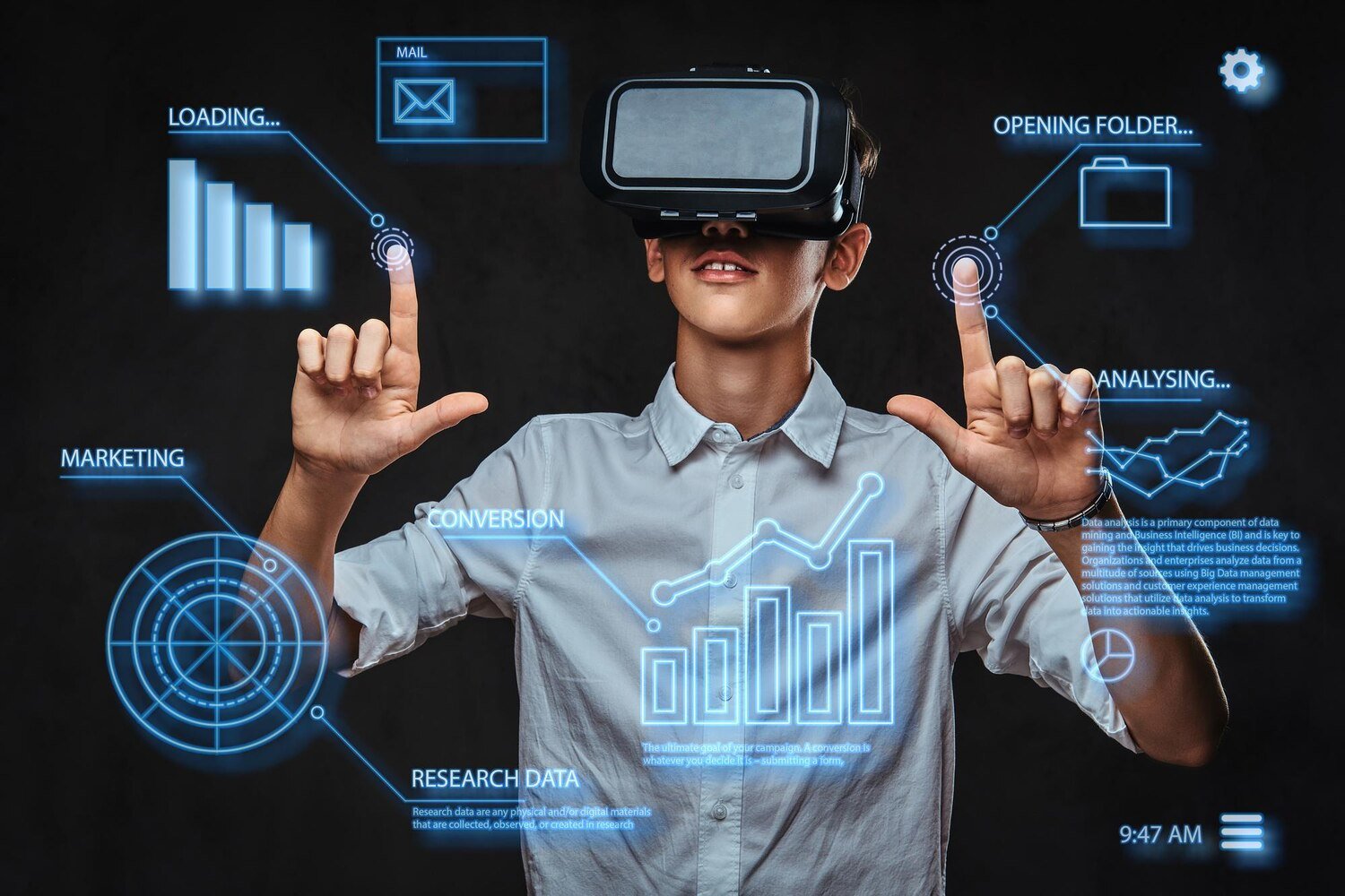 Teenager in white t-shirt wearing virtual reality glasses with data graphs and technology concept for AI marketing services in pakistan