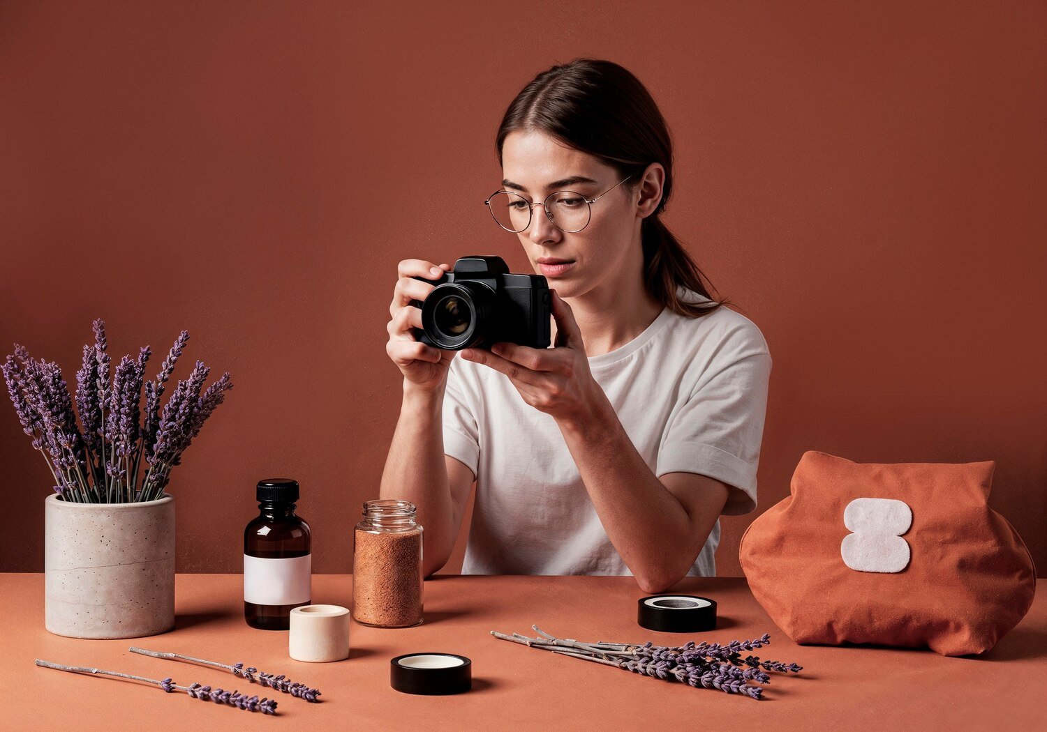 creative photographer using camera outdoors for product photography and visual content creation