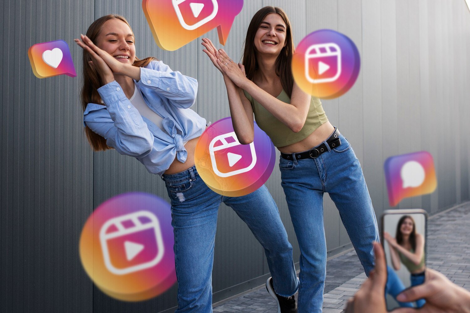 Instagram marketing and advertising services illustration with team holding Instagram icon
