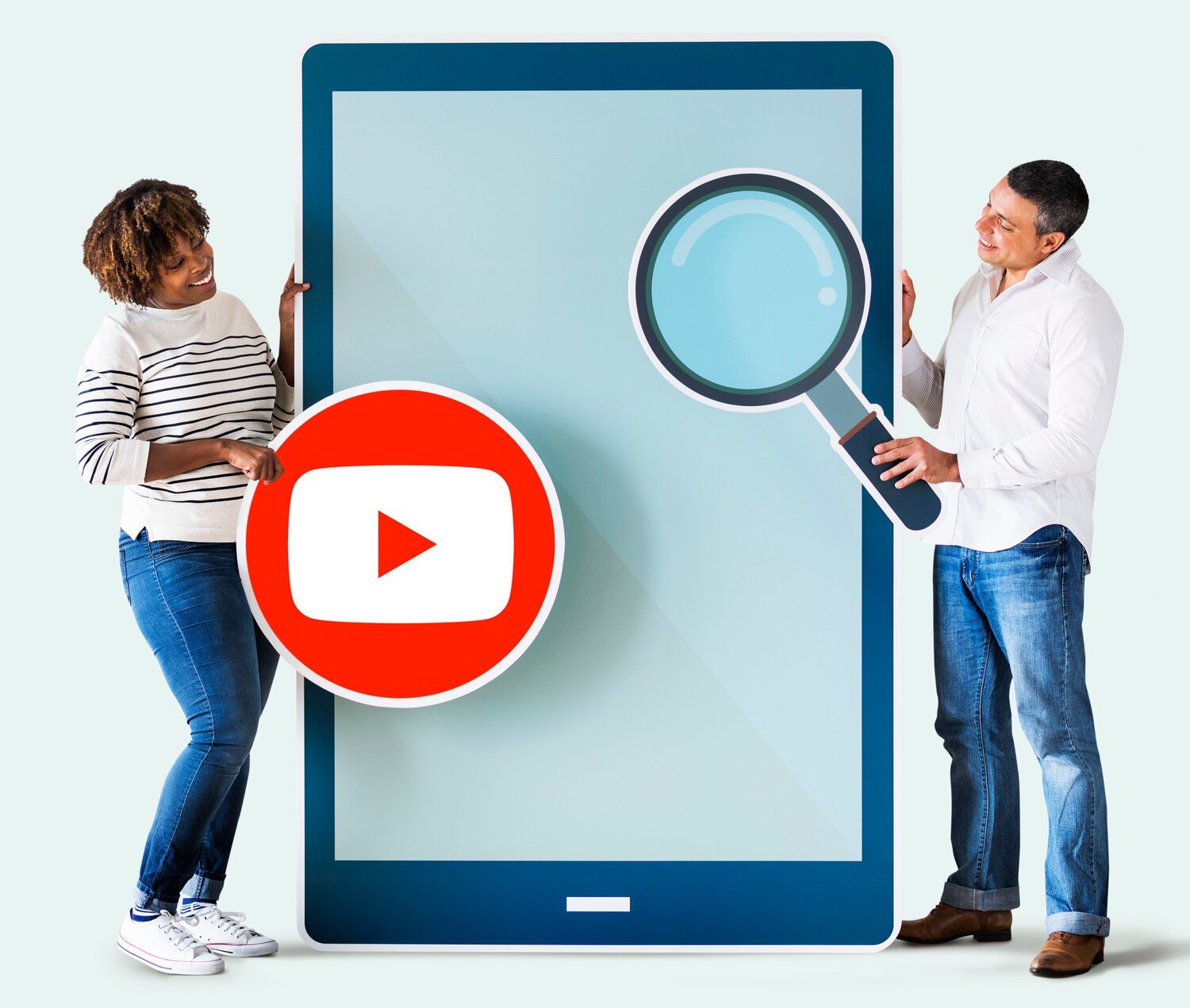 People holding YouTube icon on tablet representing YouTube marketing services in Lahore, video marketing, content creation, channel promotion, and digital advertising strategy